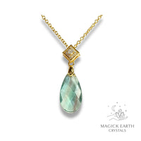 Green Fluorite Crystal Gemstone Faceted Teardrop Pendant With Cubic Zirconia Bail With Gold Finish