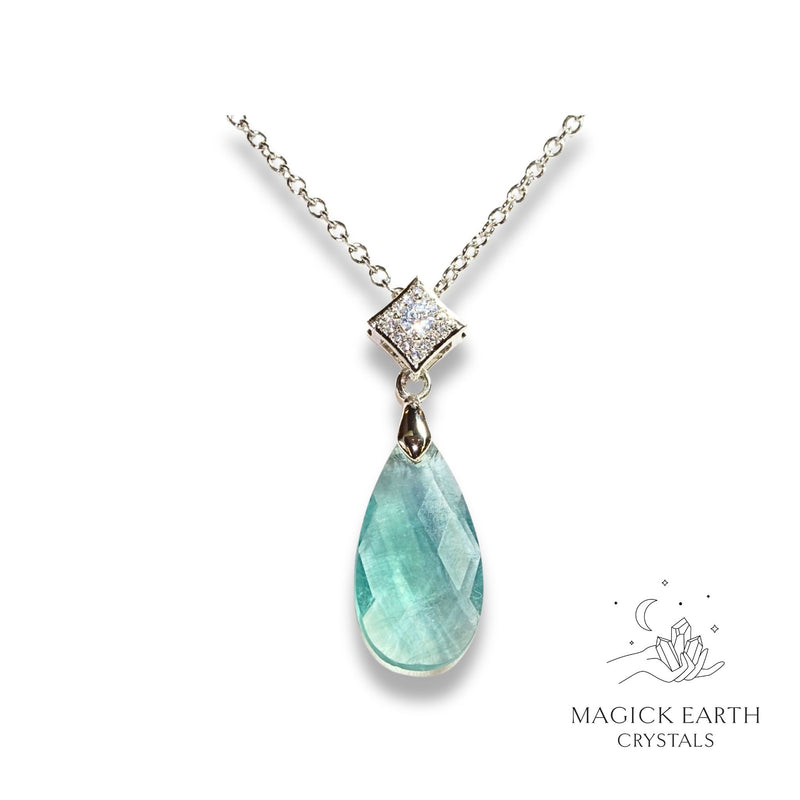 Green Fluorite Crystal Gemstone Faceted Teardrop Pendant With Cubic Zirconia Bail With Platinum Finish