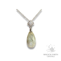 Labradorite Crystal Gemstone Faceted Teardrop Pendant with Cubic Zirconia Bail with Platinum Finish