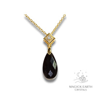 Obsidian Crystal Gemstone Faced Teardrop Pendant With Cubic Zirconia Bail With Gold Finish