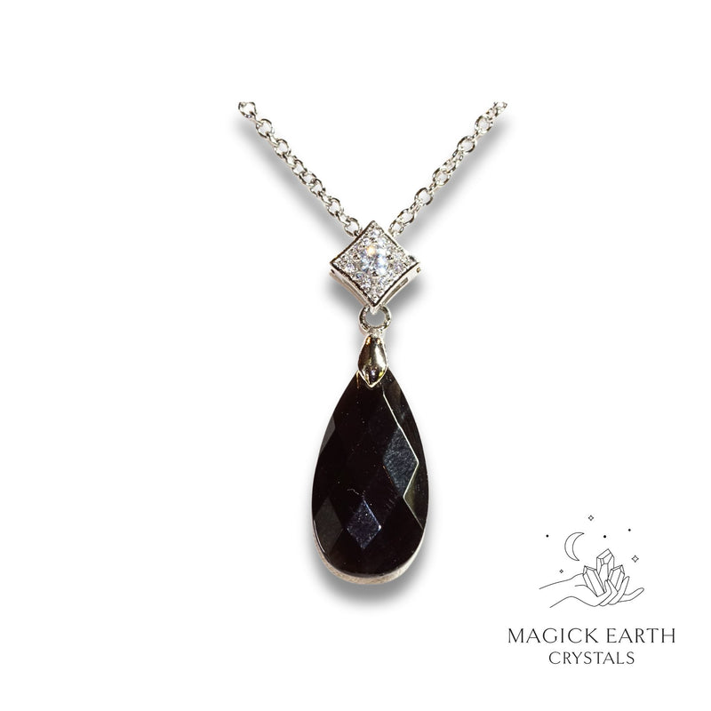 Obsidian Crystal Gemstone Faced Teardrop Pendant With Cubic Zirconia Bail With Platinum Finish