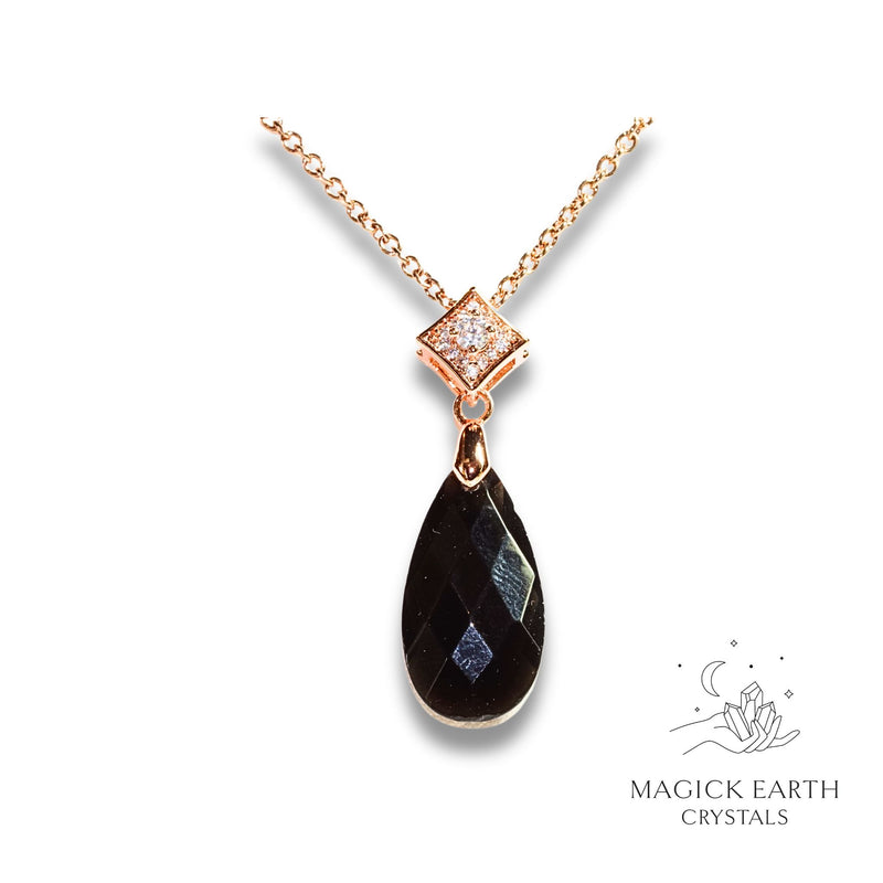 Obsidian Crystal Gemstone Faced Teardrop Pendant With Cubic Zirconia Bail With Rose Gold Finish