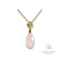 Rose Quartz Crystal Gemstone Faceted Teardrop Pendant With Cubic Zirconia Bail With Gold Finish