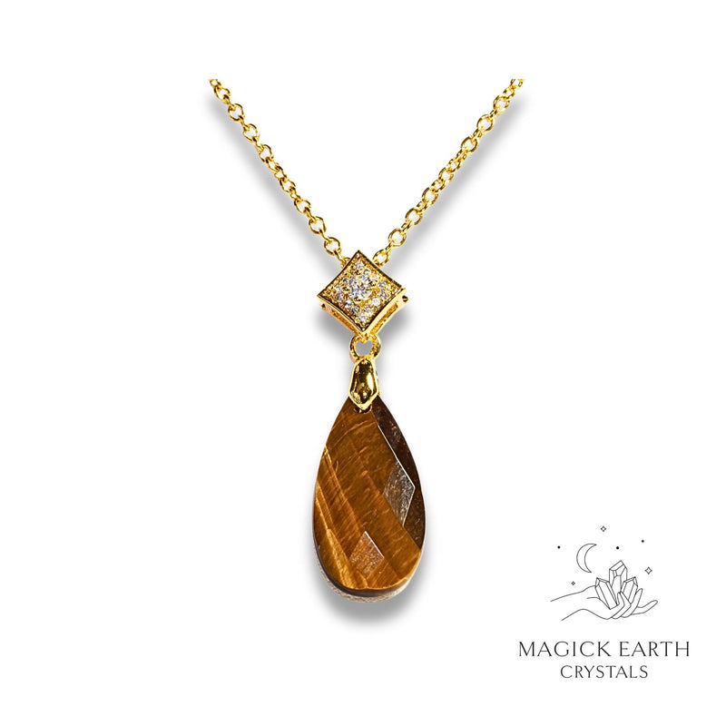 Tiger Eye Crystal Gemstone Faceted Teardrop Pendant With Cubic Zirconia Bail With Gold Finish