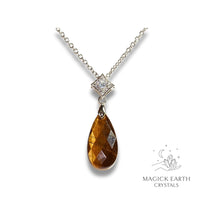 Tiger Eye Crystal Gemstone Faceted Teardrop Pendant With Cubic Zirconia Bail With Platinum Finish