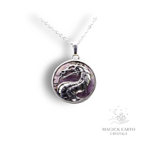 Amethyst Crystal Gemstone Dragon Pendant with Platinum Finish Front