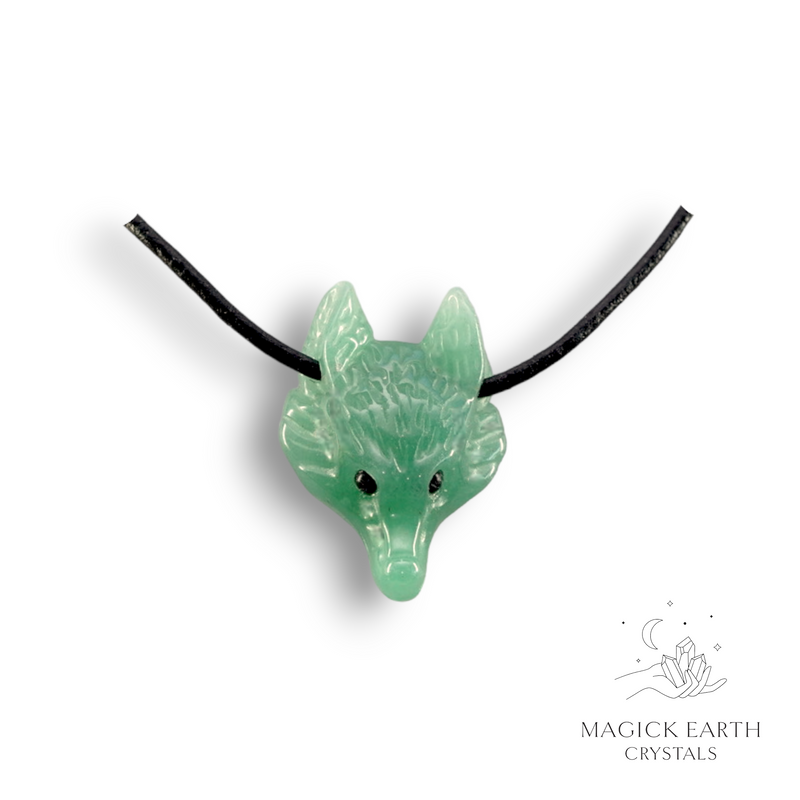 Aventurine Crystal Gemstone Wolf Head Pendant with Leather Sliding Knot Cord