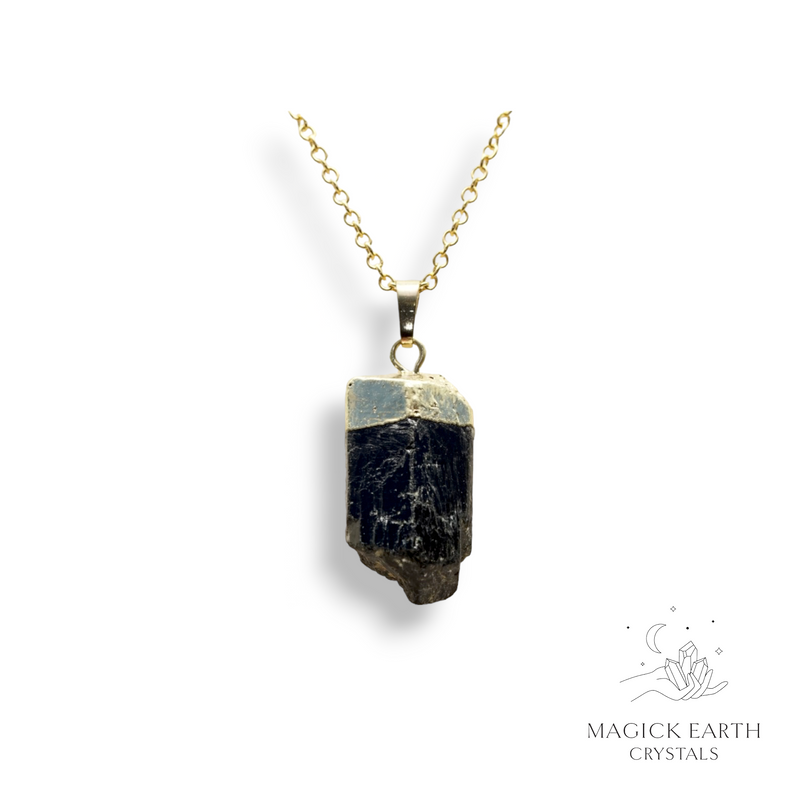 Black Tourmaline Crystal Gemstone Raw Nugget Pendant with Gold Finish