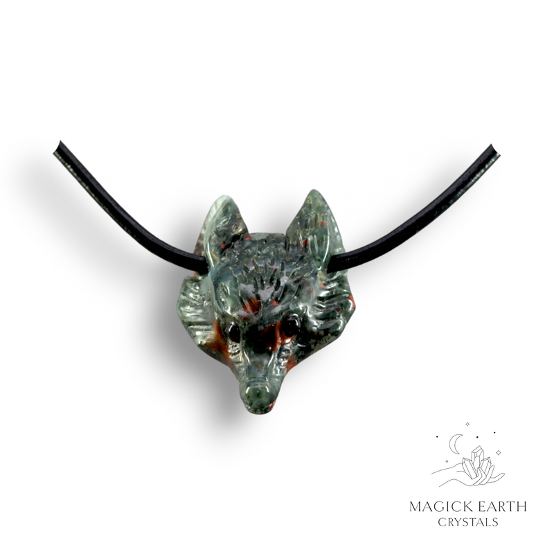 Bloodstone Crystal Gemstone Wolf Head Pendant With Leather Sliding Knot Cord