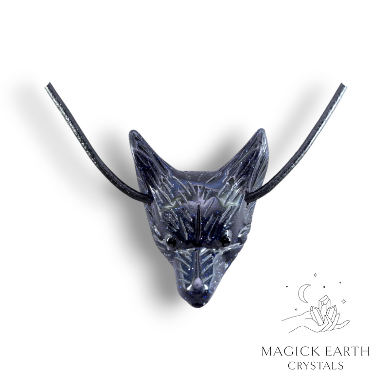 Blue Goldstone Crystal Gemstone Wolf Head Pendant with Leather Sliding Knot Cord