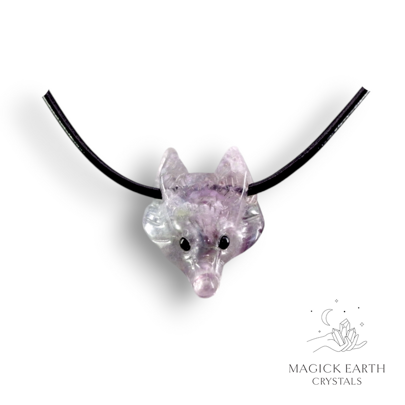 Fluorite Crystal Gemstone Wolf Head Pendant with Leather Sliding Knot Cord