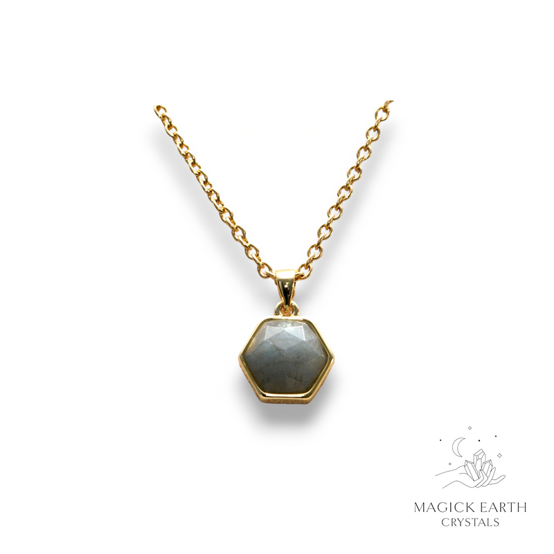 Labradorite Crystal Gemstone Faceted Hexagon Style Pendant With Gold Finish