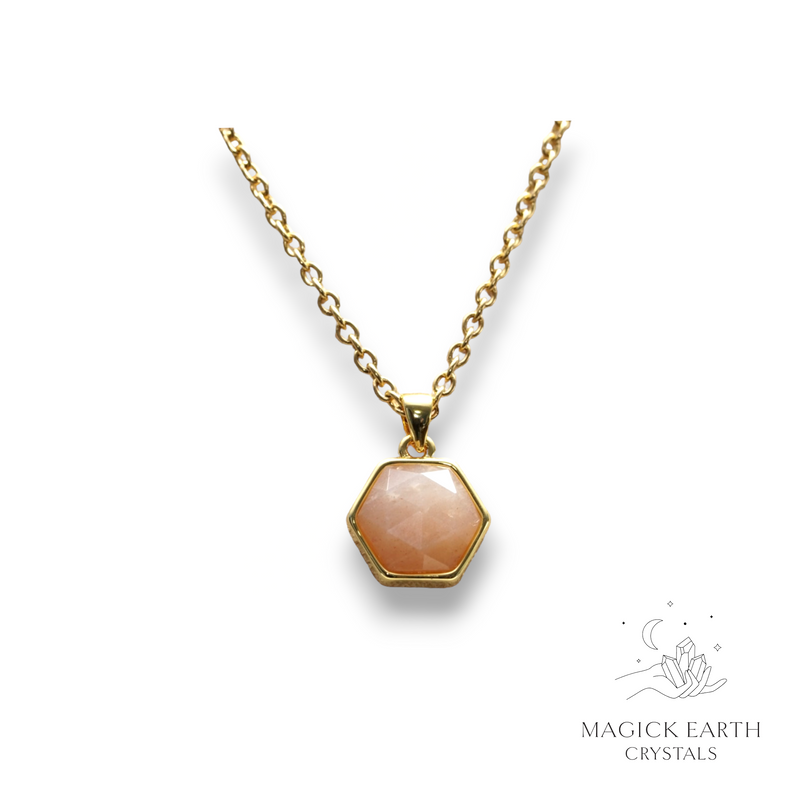 Sunstone Crystal Gemstone Faceted Hexagon Style Pendant With Gold Finish