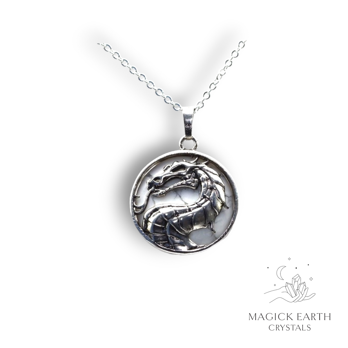 Howlite Crystal Gemstone Dragon Pendant with Platinum Finish Front