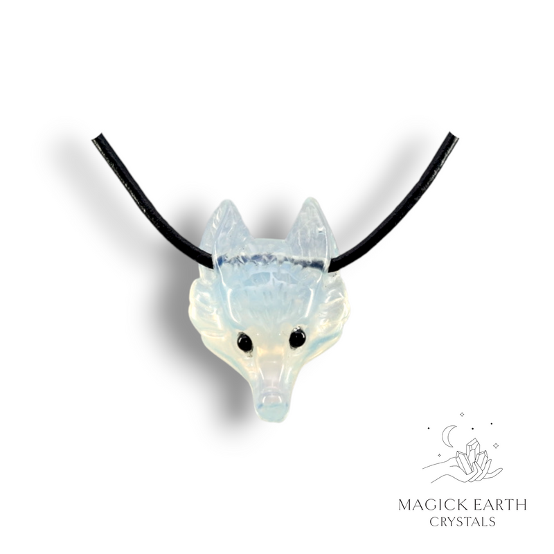 Opalite Crystal Gemstone Wolf Head Pendant with Leather Sliding Knot Cord