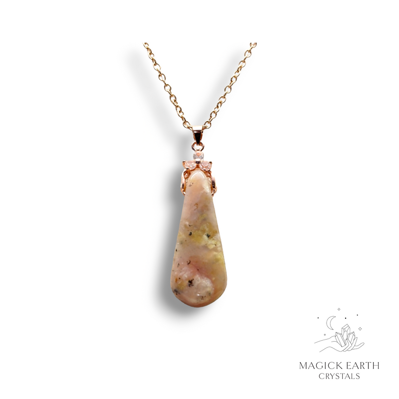 Pink Dendritic Opal Crystal Gemstone Teardrop Pendant with Rose Gold Finish