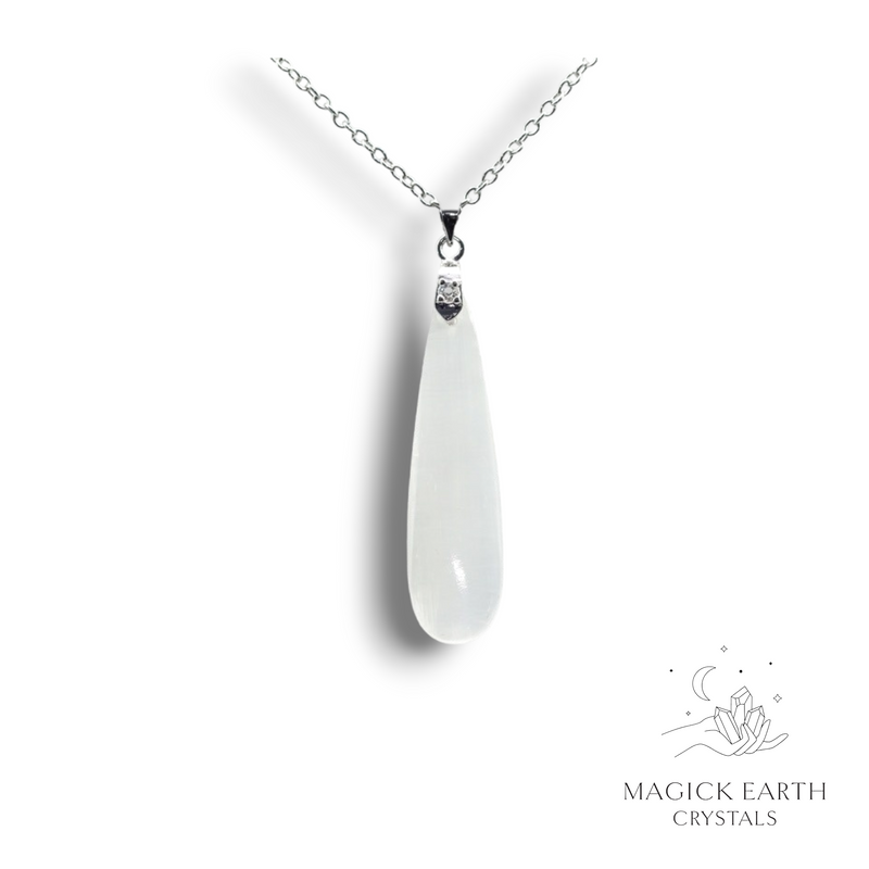 Selenite Crystal Gemstone Teardrop Pendant with Cubic Zirconia Bail Platinum Finish