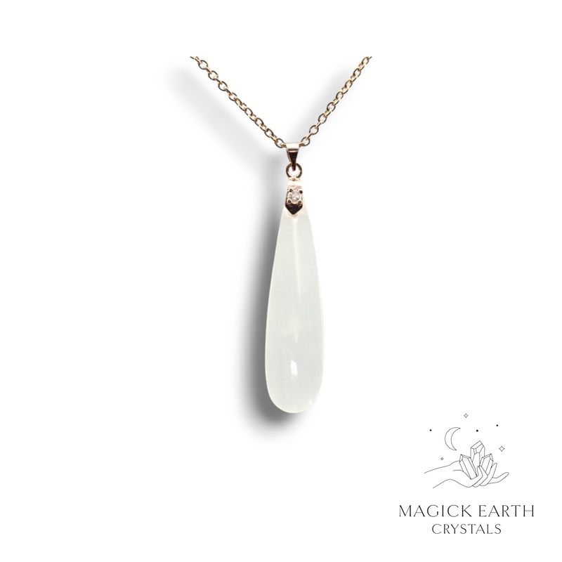 Selenite Crystal Gemstone Teardrop Pendant with Cubic Zirconia Bail Rose Gold Finish