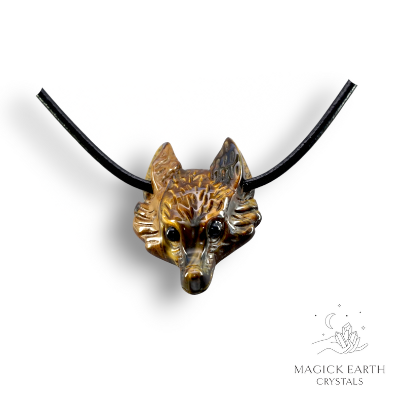 Tiger Eye  Crystal Gemstone Wolf Head Pendant With Leather Sliding Knot Cord