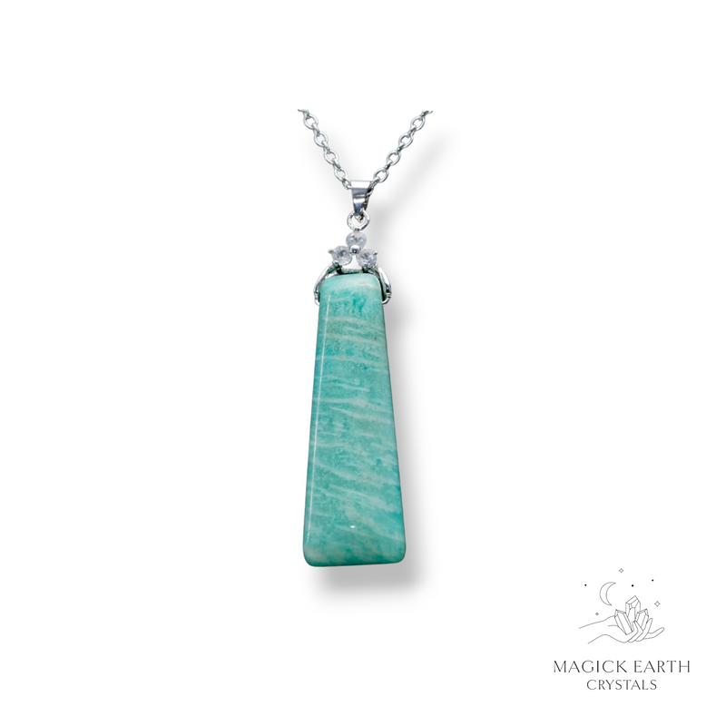 Amazonite Crystal Gemstone Trapezoid Pendant Darker Shade with Platinum Finish