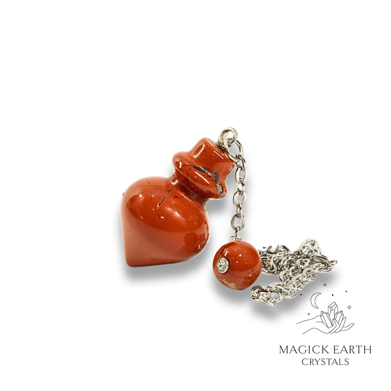 Red Jasper Pointed Bottle Shaped Crystal Pendulum with Platinum Finish