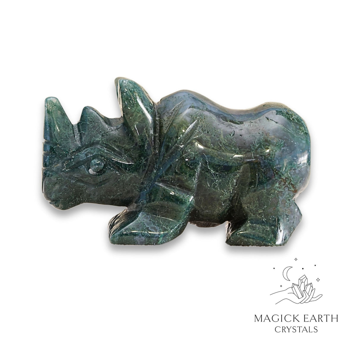 Moss Agate Crystal Gemstone Rhinoceros Looking Left
