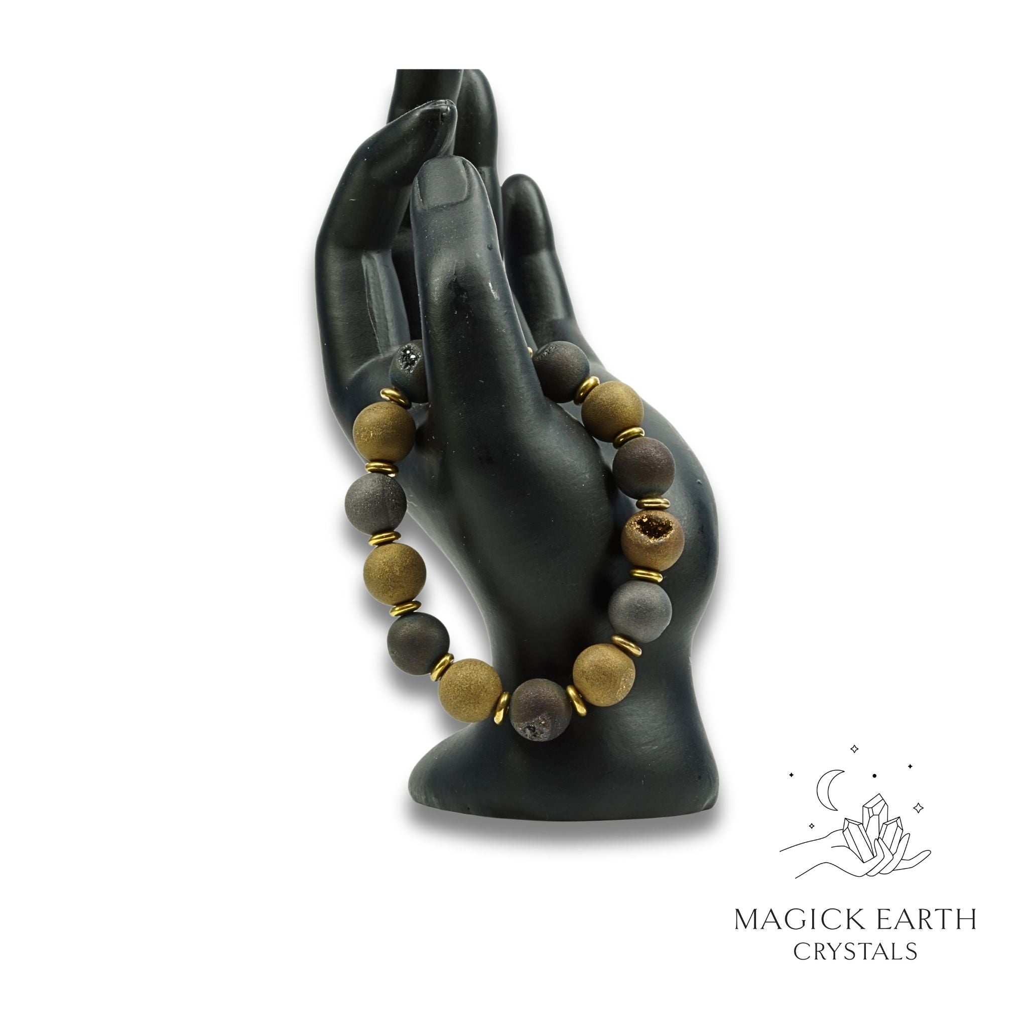 Natural agate druzy 12mm bead crystal bracelet with a charcoal & gold electroplated finish view b
