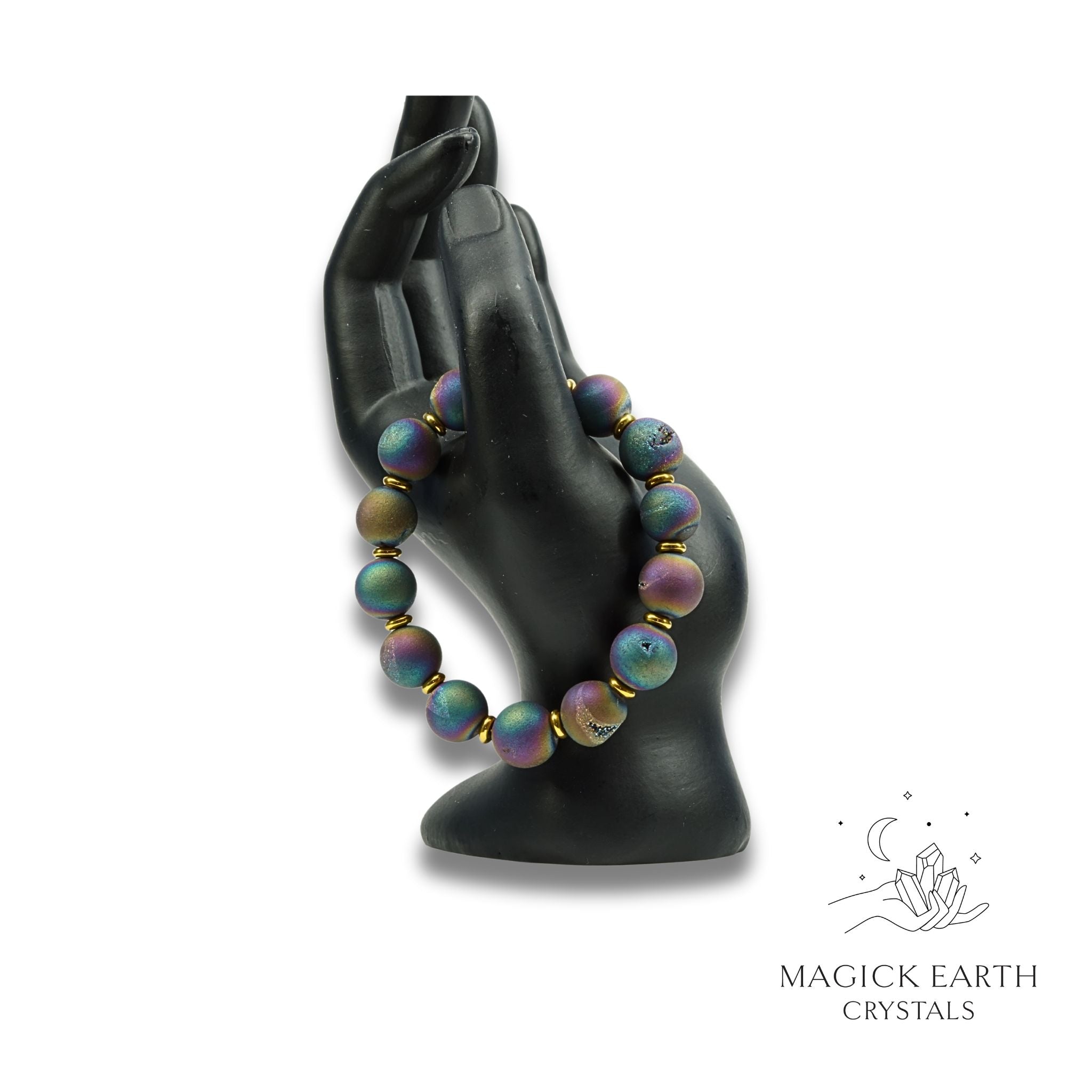 Natural agate druzy 12mm bead crystal bracelet with rainbow electroplated finish view b
