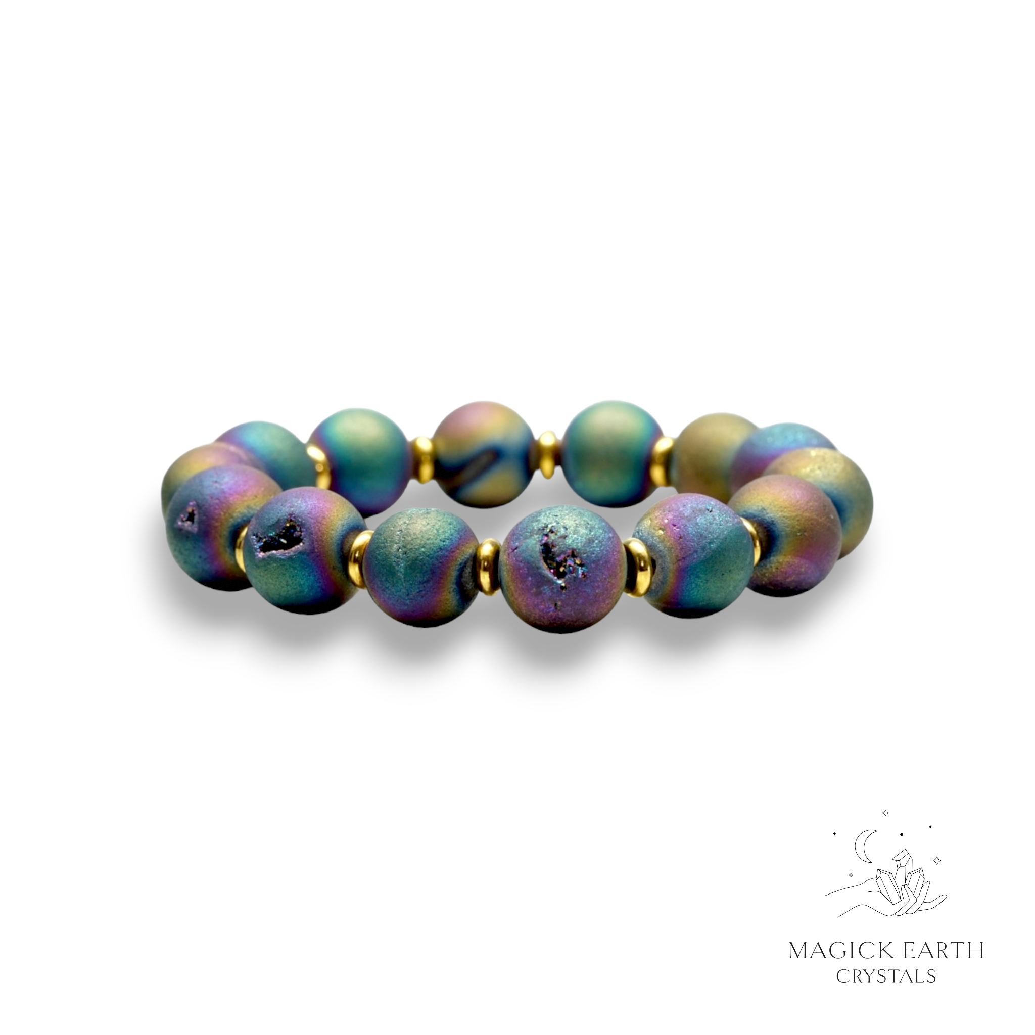 Natural agate druzy 12mm bead crystal bracelet with rainbow electroplated finish view c
