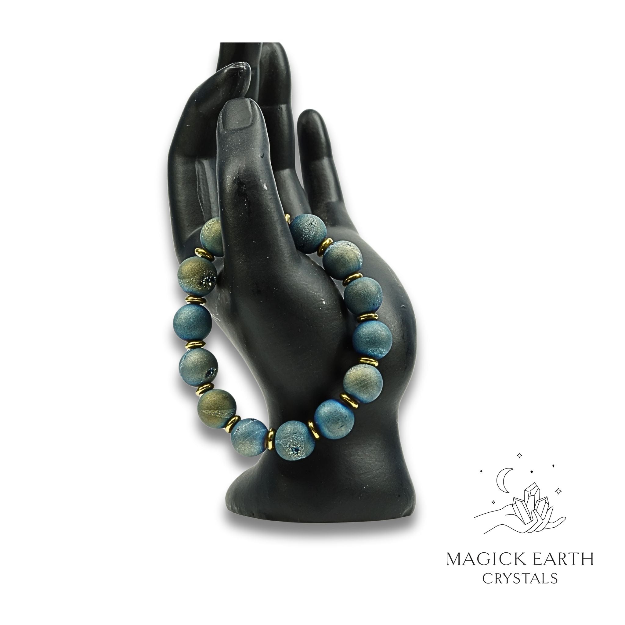 Natural agate druzy 12mm bead crystal bracelet with teal electroplated finish view b
