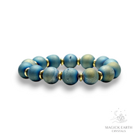 Natural agate druzy 12mm bead crystal bracelet with teal electroplated finish view c
