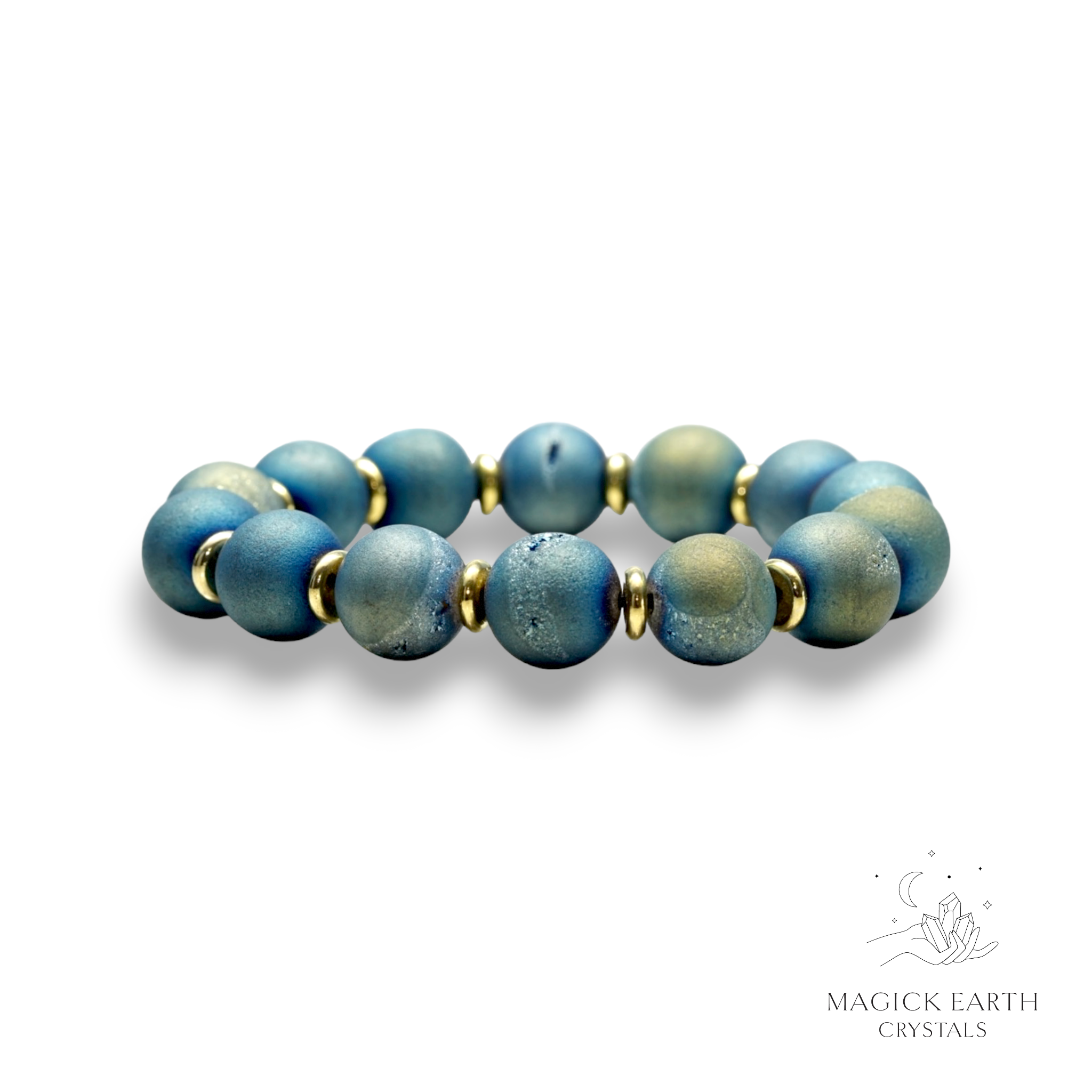 Natural agate druzy 12mm bead crystal bracelet with teal electroplated finish view c
