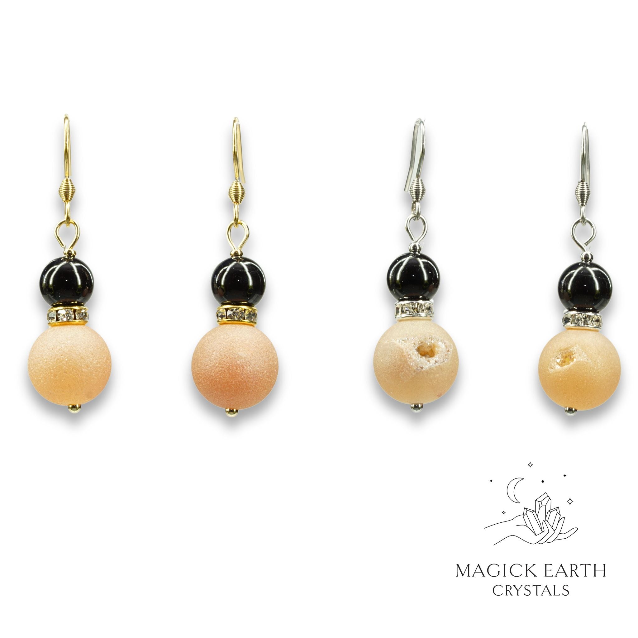Natural agate druzy earrings with beige electroplated finish showing crystal formation view a