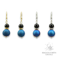 Natural agate druzy earrings with blue electroplated finish showing crystal formation view a