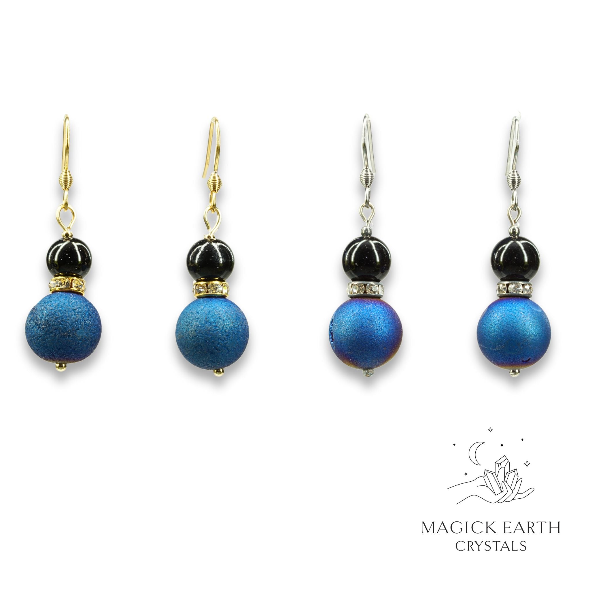 Natural agate druzy earrings with blue electroplated finish showing crystal formation view a