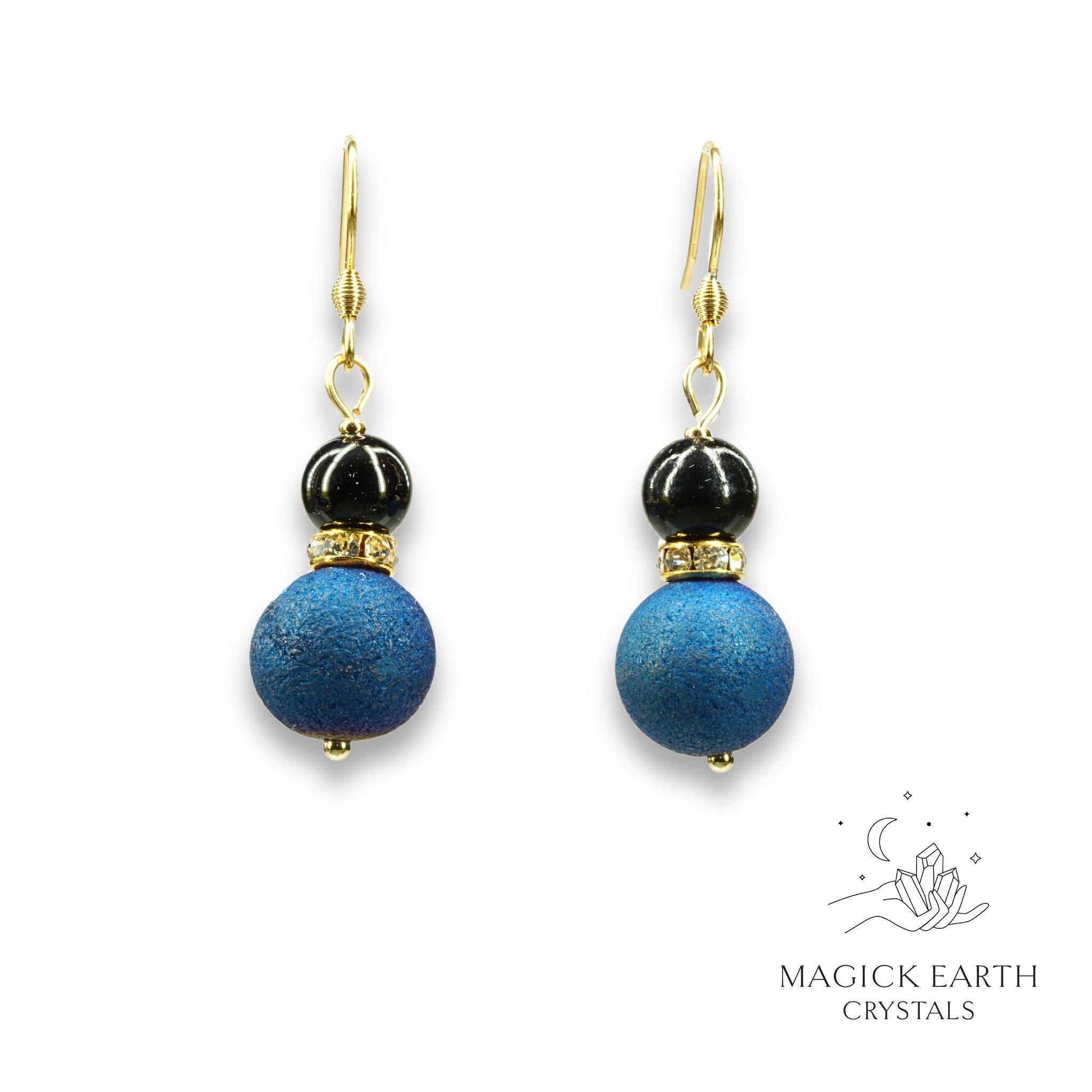 Natural agate druzy earrings with blue electroplated finish showing crystal formation view b