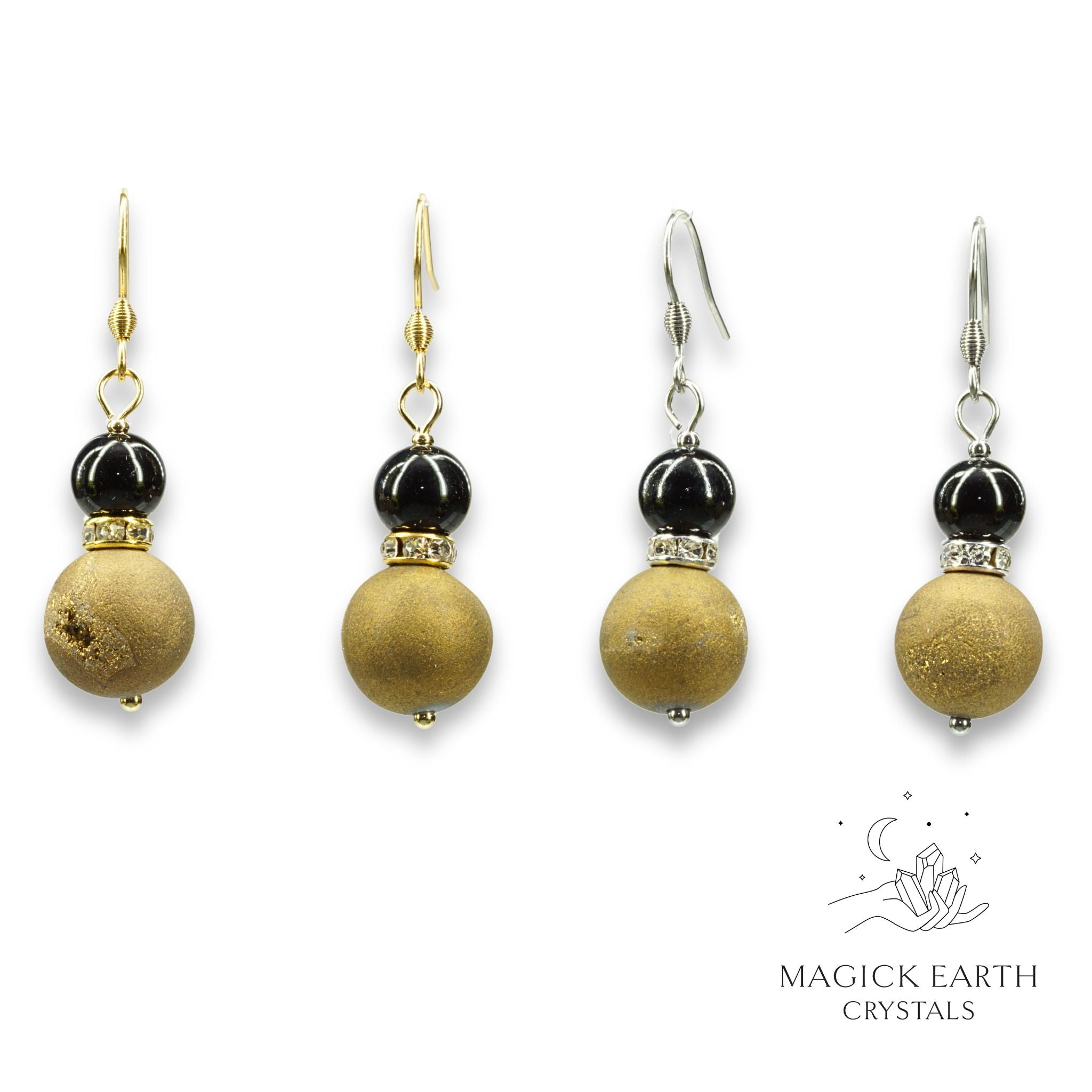 Natural agate druzy earrings with gold electroplated finish showing crystal formation view a