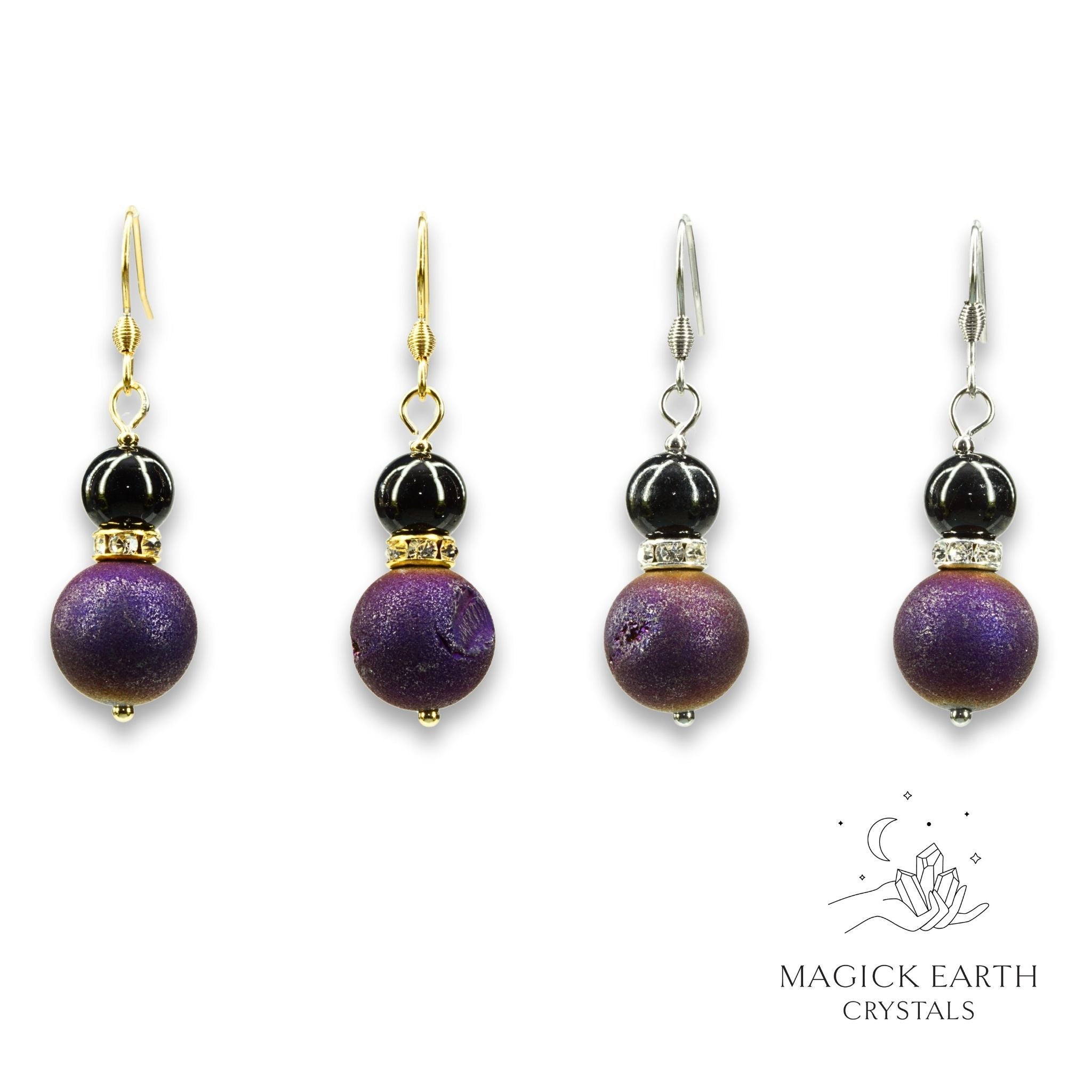 Natural agate druzy earrings with purple electroplated finish showing crystal formation view a