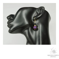 Natural agate druzy earrings with purple electroplated finish showing crystal formation view c