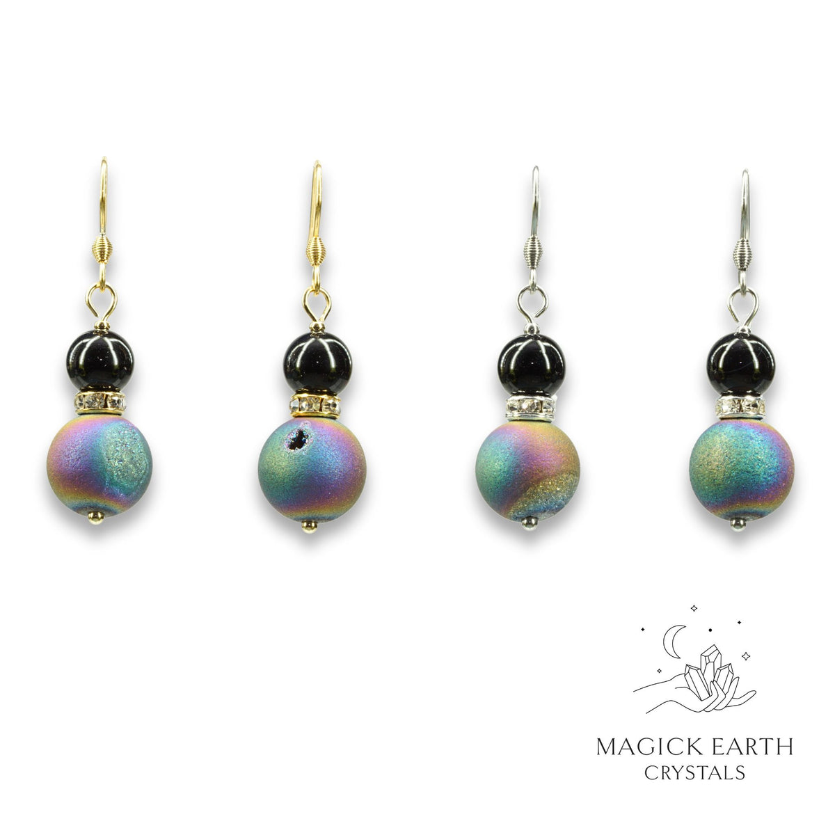 Natural agate druzy earrings with rainbow electroplated finish showing crystal formation view a