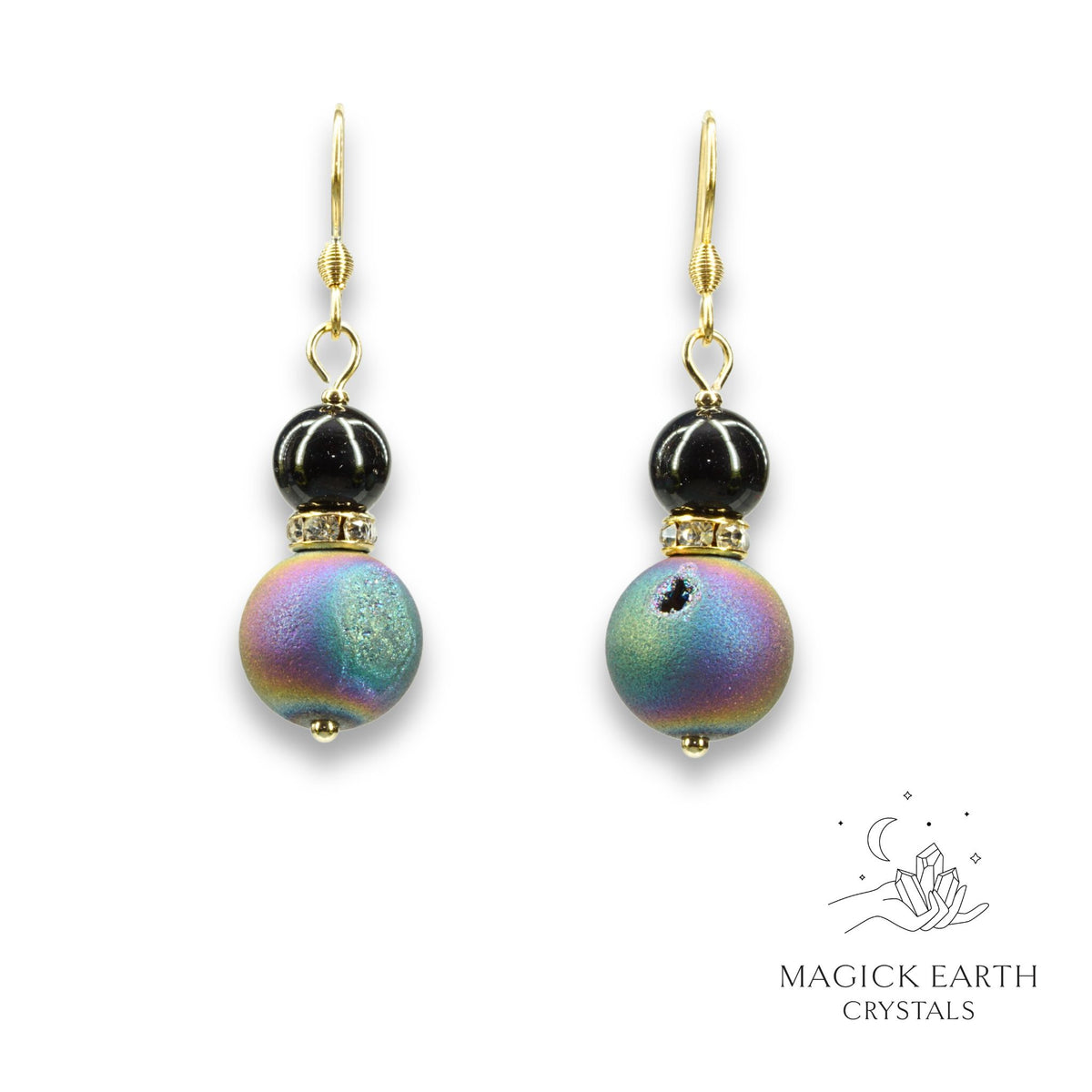 Natural agate druzy earrings with rainbow electroplated finish showing crystal formation view b