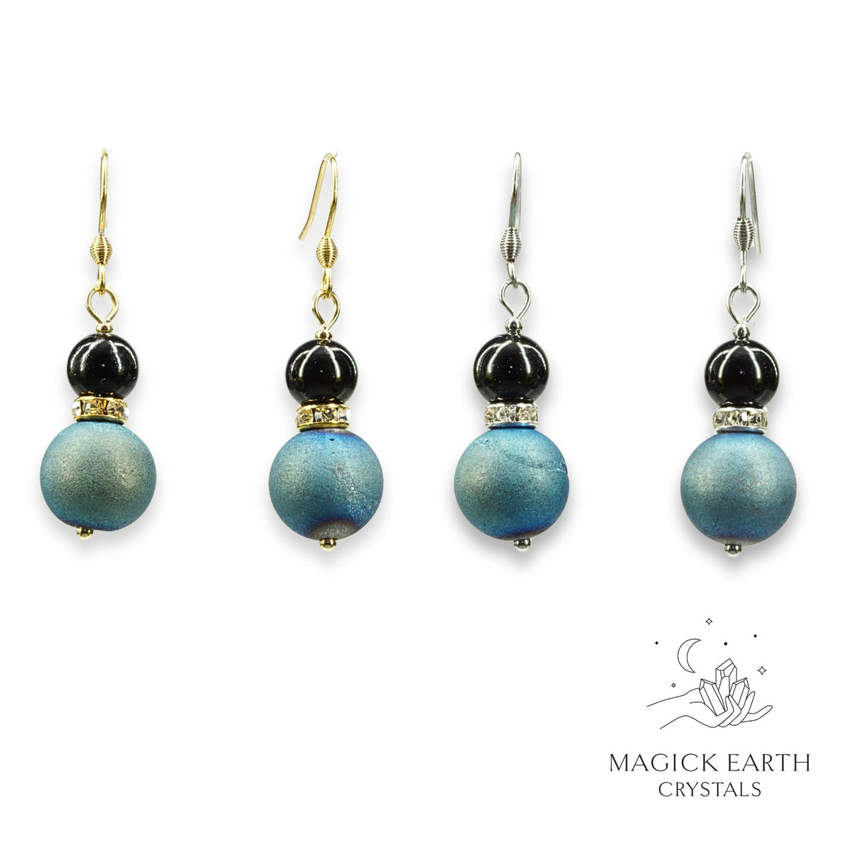 Natural agate druzy earrings with teal electroplated finish showing crystal formation view a