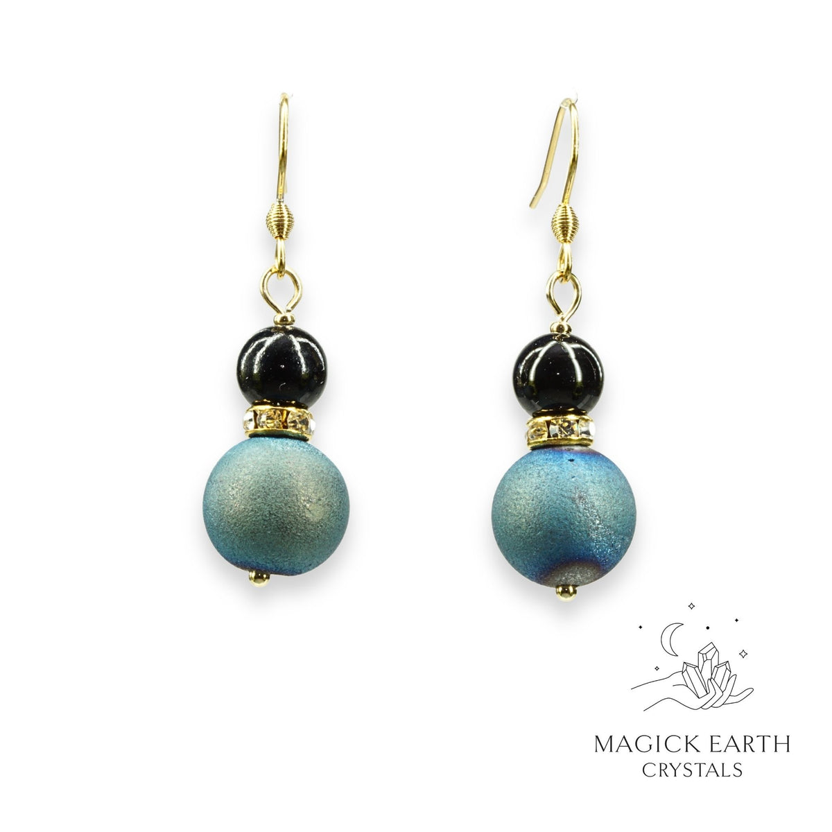 Natural agate druzy earrings with teal electroplated finish showing crystal formation view b