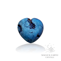 Agate druzy heart with blue electroplated finish showing crystal formation view a