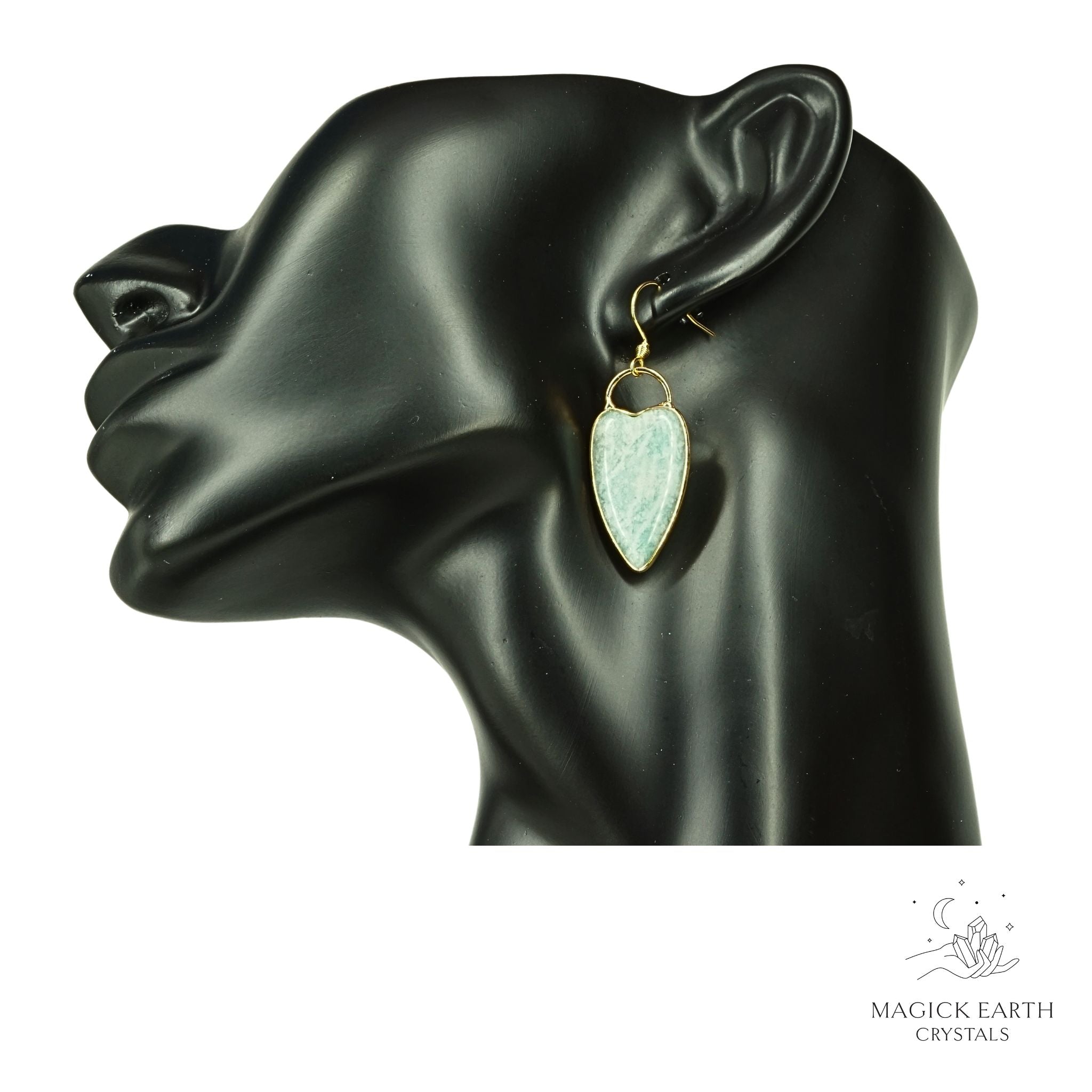 Natural Amazonite charmed heart crystal earrings with decorative gold edging view b