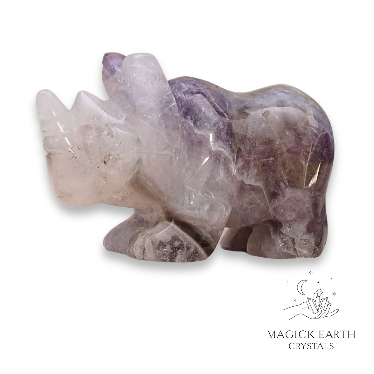 Natural Amethyst crystal rhinoceros figurine left view 