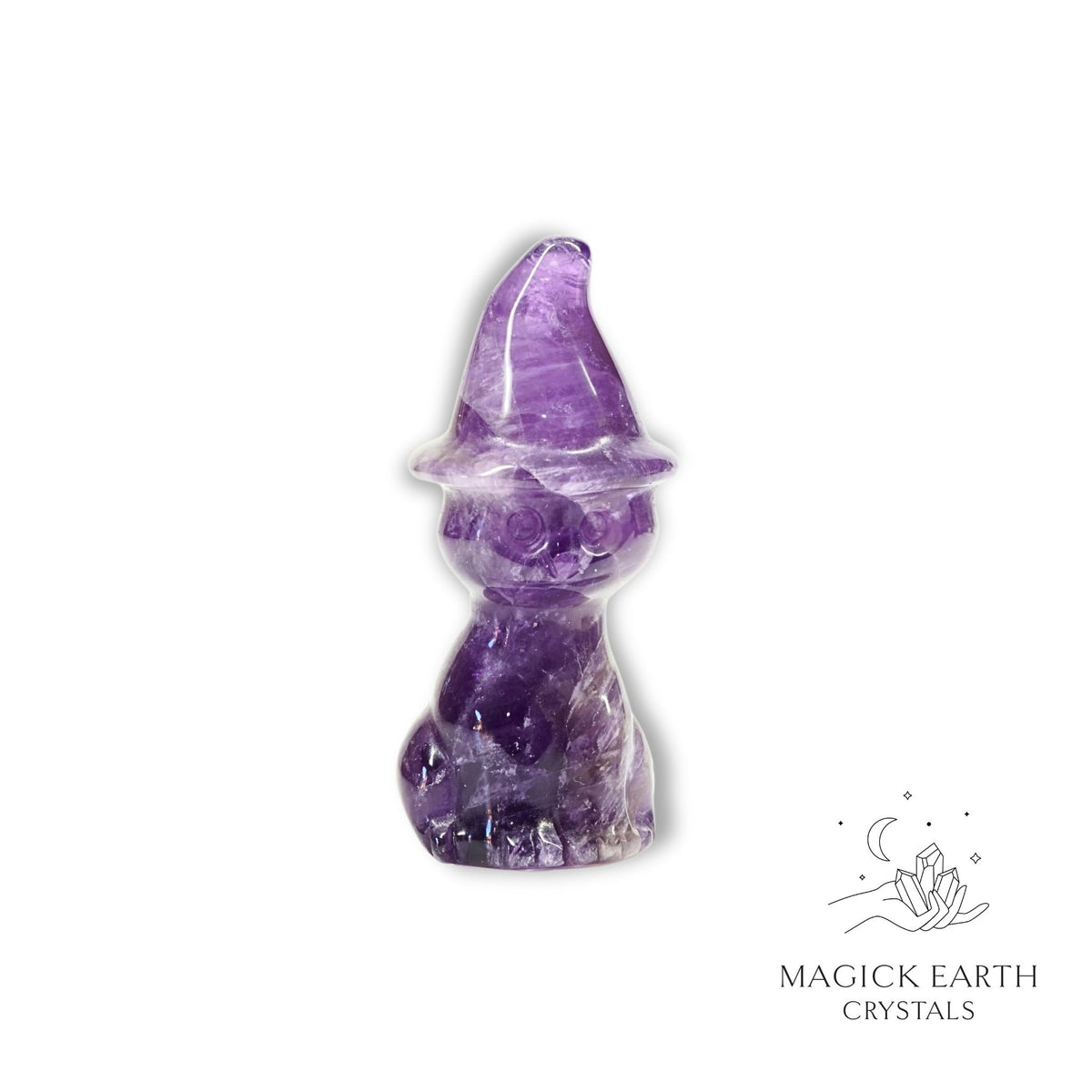 Natural Amethyst crystal cat figurine with witch hat