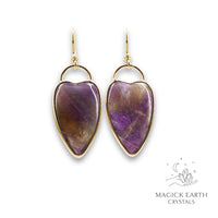 Natural Amethyst charmed heart crystal earrings with decorative gold edging view a