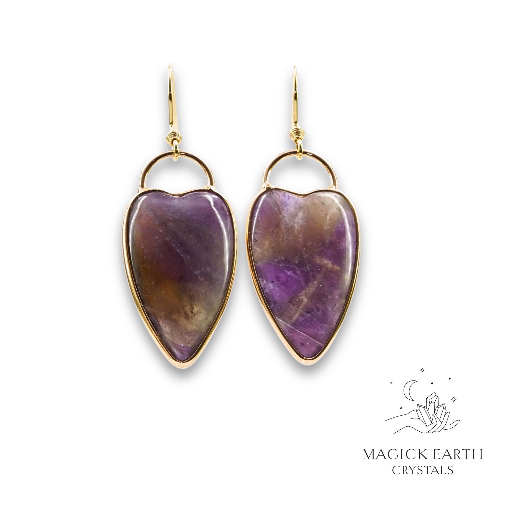 Natural Amethyst charmed heart crystal earrings with decorative gold edging view a