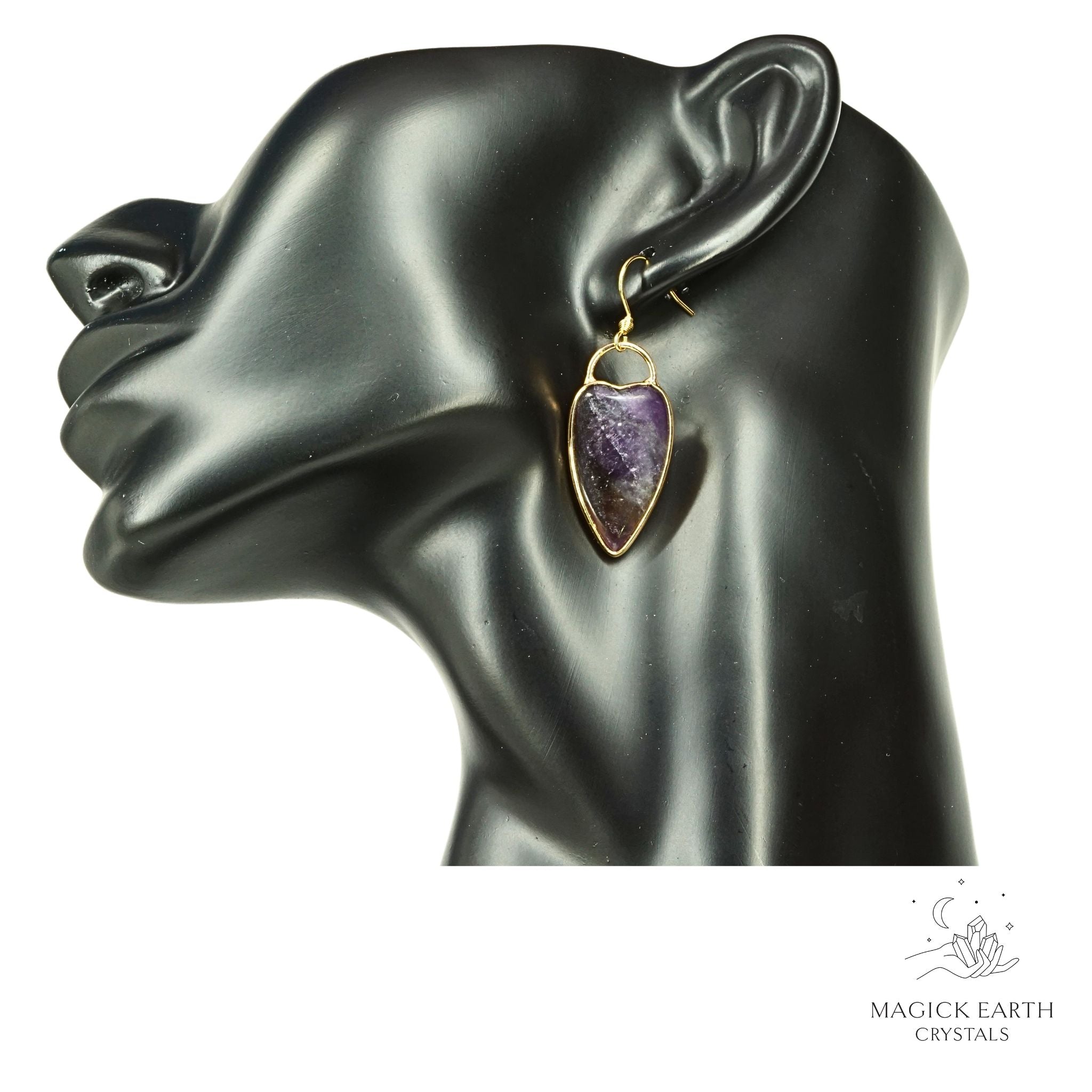 Natural Amethyst charmed heart crystal earrings with decorative gold edging view b